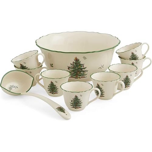 Spode Christmas Tree 10 Piece Punch Bowl Set- Made of Fine Porcelain Includes - 1 Punch Bowl - 1 Ladle - 8 Punch Cups - Punch Bowl is 11 Inch - Punch Cups are 8 oz.