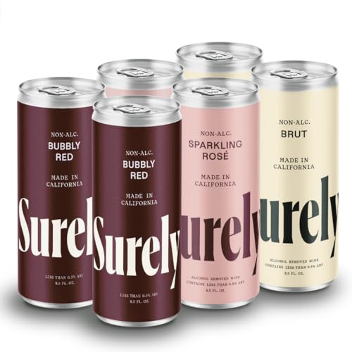 Surely Non Alcoholic Wine, Alcohol-Removed Sparkling Wine Variety Pack, Sparkling Rosé, Sparking Brut, & Bubbly Red Wine, 1-5g Sugar, 15-30 Calories, Pack of 6 (8.5 fl oz per can)