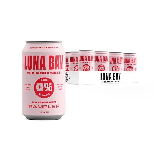 Luna Bay Zero Percent Tea Mocktail - Craft Mocktail Mixer Non-Alcoholic Beverage with Yerba Mate & Magnesium, Vegan, Low Sugar and Gluten Free - Raspberry Rambler (12 Pack, 12 fl oz Cans)