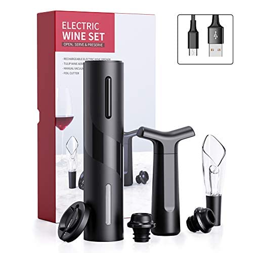 CIRCLE JOY Electric Wine Bottle Opener, Rechargeable Automatic Corkscrew Gift Set, Powered Cork Remover Kit, includes Foil Cutter, Wine Vacuum Pump Stoppers, and Wine Aerator Pourer, Black