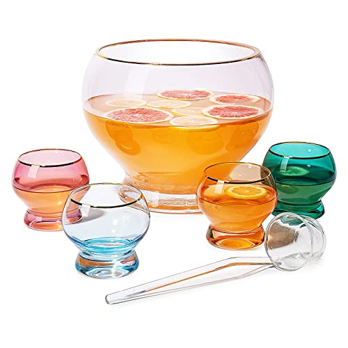 Colorful 1.7 Gallon Punch Bowl with 4 10oz Glasses Set with Ladle Gift For Mothers Day, Her, Wife, Mom, Friend - Colored Set Margarita, Cocktails, Juice, Punch Drink bowl for Parties, Weddings