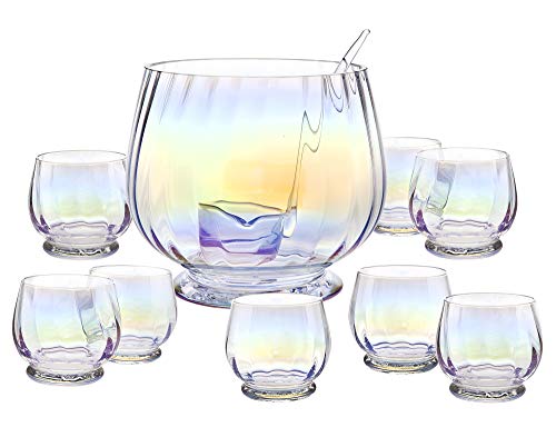 Godinger Punch Bowl, Pitcher, with Ladle and 8 Cups, Glasses - 10 Piece Set