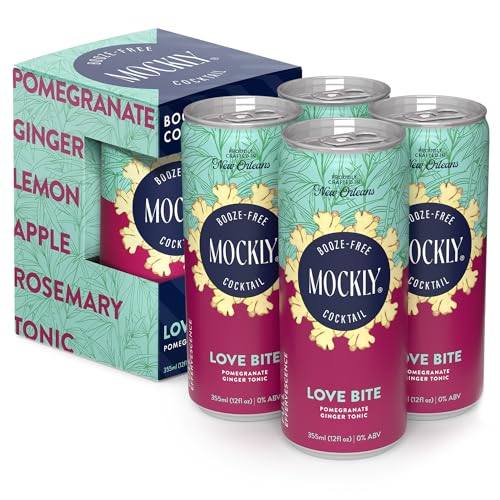 Mockly Love Bite Booze-Free Cocktail | Ready To Drink Non-Alcoholic Cocktail | Mocktail Drink Mixer | Pomegranate Ginger Lemon Apple Tonic Rosemary | Zero Proof | 12 Ounces Per Can | 4-Pack