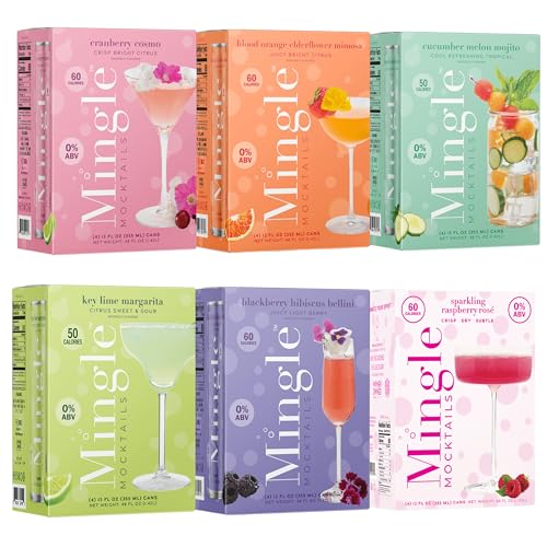 Mingle Sparkling Mocktails Non Alcoholic Cocktails | VARIETY PACK - 6 cans Blackberry Hibiscus Bellini, Blood Orange Elderflower Mimosa, Cranberry Cosmo, Cucumber Melon Mojito and Key Lime Margarita
