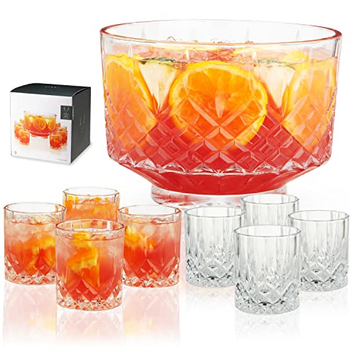 Viski Admiral Punch Bowl Set with 8 Tumblers, Cut Crystal Cocktail Party Serveware, Dishwasher Safe, 2.5 Gallons, 9 Oz Glasses, Set of 9