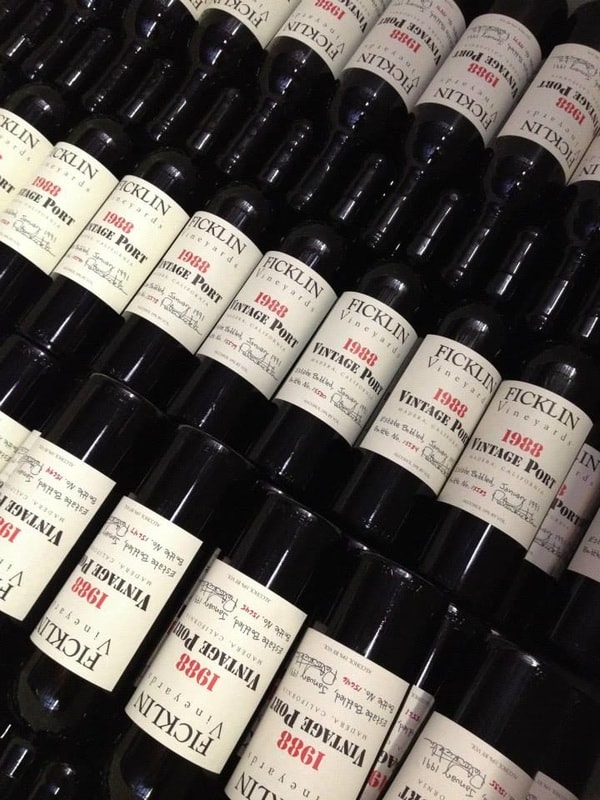Ficklin Vineyards in Fresno, CA for wine tasting. Horizontal bottles from the 1988 vintage