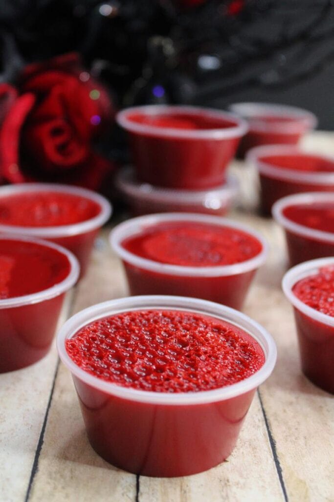 Blood Jello Shots Recipe close up of jello shots. 