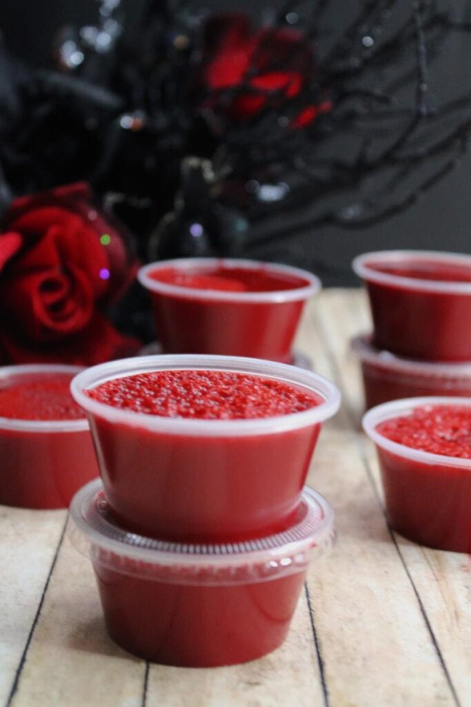 Showing various completed Blood jello shots. 
