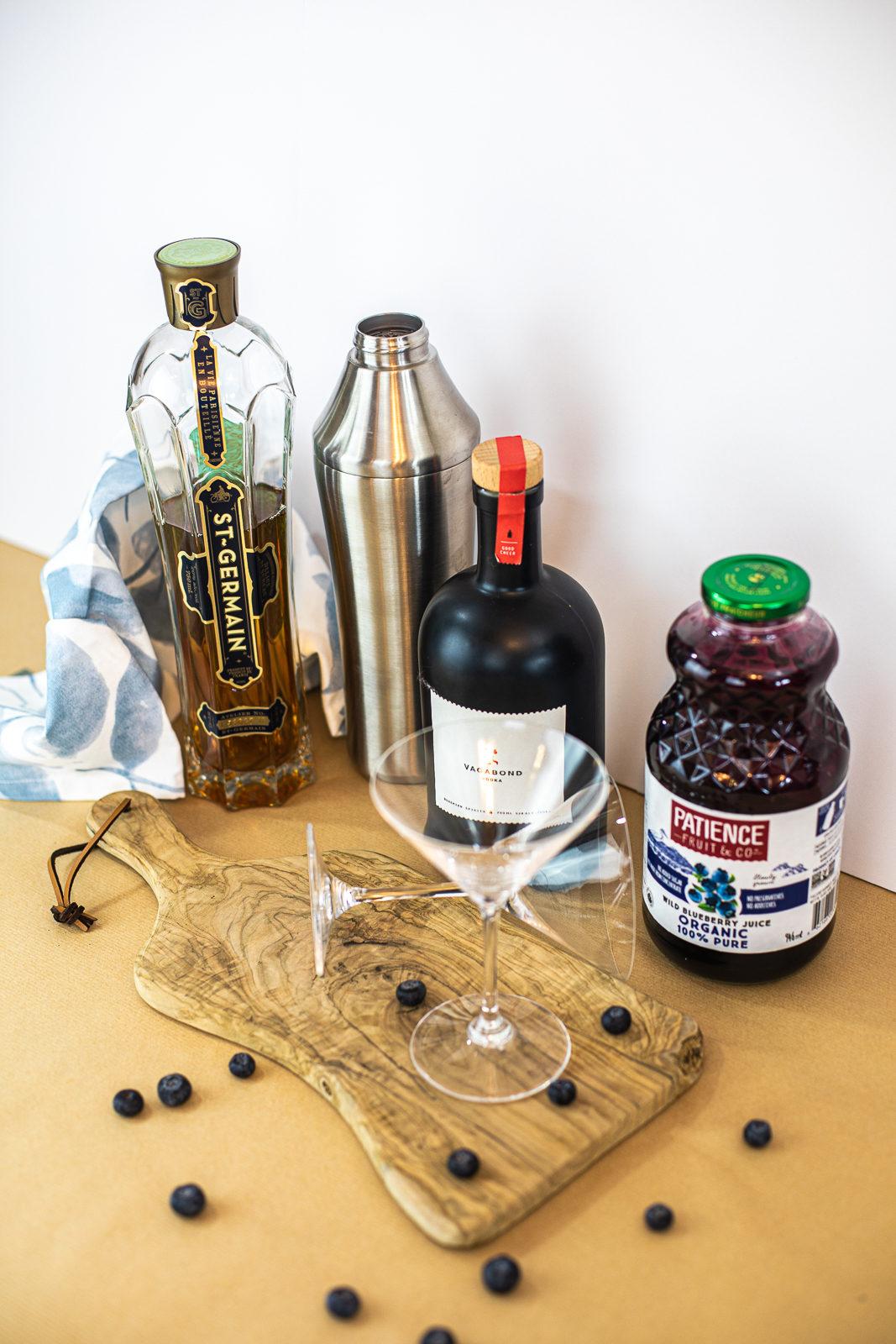 Ingredients needed for Blueberry Flower Drop Cocktail. 