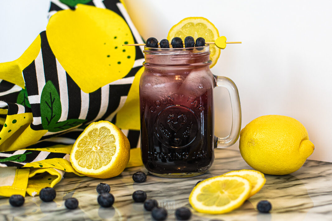 Blueberry Lemonade Spritzer in a clear glass with blueberry and lemon slice as garnish. 