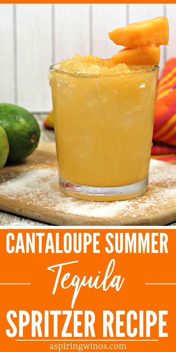 Mix up one (or a whole jug) of these cantaloupe tequila spritzers for a refreshing summer drink for the patio. You'll be a hit at your next grill out or #bbq when you serve this easy cocktail. #mixeddrinks #tequila #grilling #alcohol #cocktails