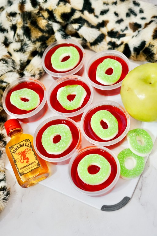 close up of shots with gummy rings as garnish 