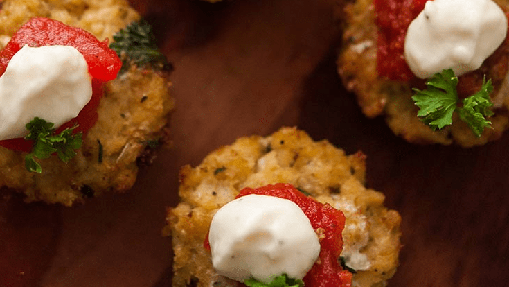 Crispy, Baked Cauliflower Cakes With Roasted Garlic Sour Cream & Marinara