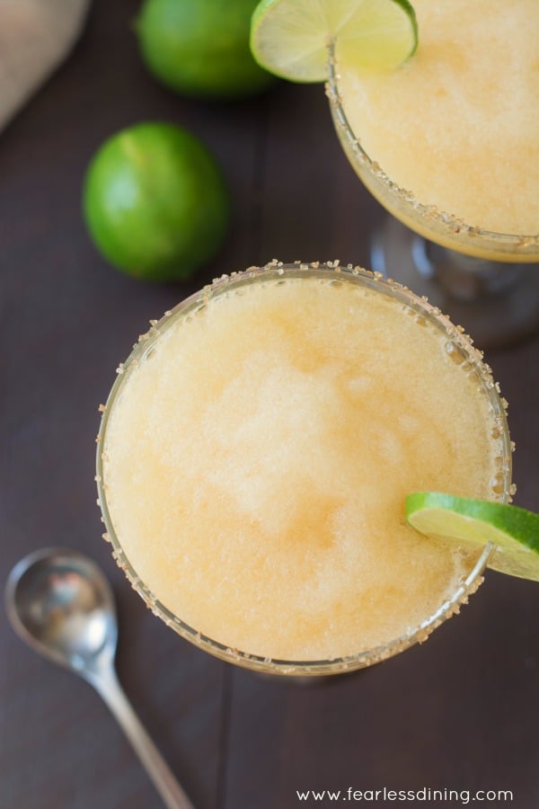 FROZEN PEACH MARGARITAS WITH A GINGER SUGAR RIM