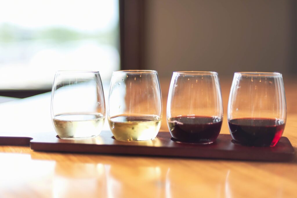 Wine flight with a bunch of different wine options at a wine bar in San Diego