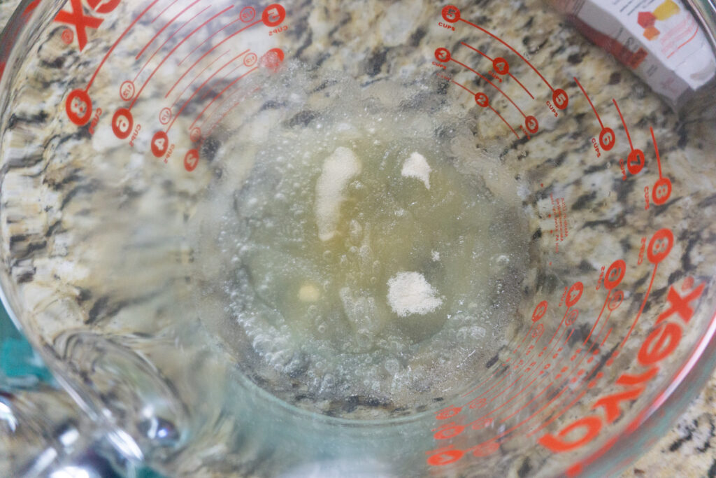 Gelatin in a Pyrex mixing bowl