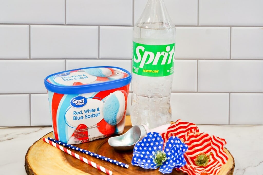Ingredients required - Red, white, and blue sorbet, bottle of sprite, and fun straws. 
