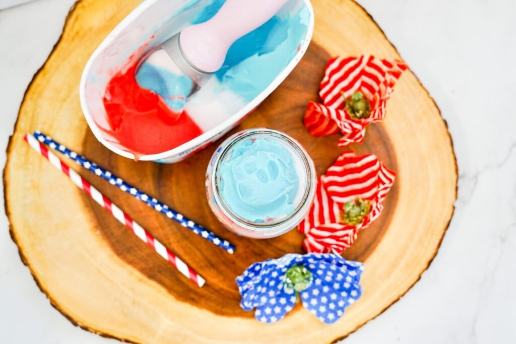 Above view of ice cream scoop in Patriotic sorbet. 