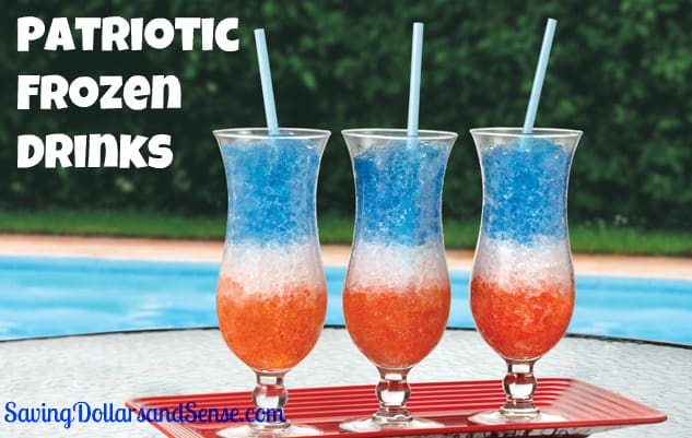 Patriotic Red, White and Blue Drink Ideas for Independence Day - Patriotic Frozen Drinks sitting by a pool