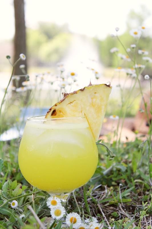 close up of pineapple spritzer with large pineapple wedge 