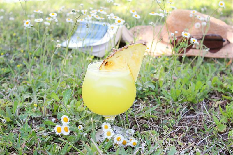 tropical pineapple spritzer shown on grass with flowers around it 