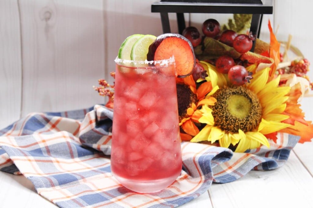 Plum Margarita Recipe: Tall clear glassed filled with pink/red drink with ice, two lime slices as garnish and one plum slice. In the background sunflowers and fake grapes are shown. 