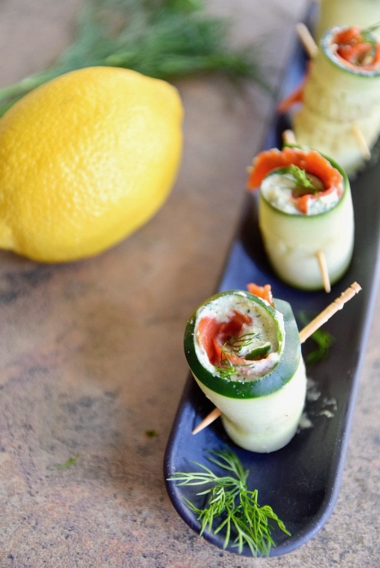Salmon Cucumber Rollups Gluten Free Hors D'oeuvres - Smoked Salmon Appetizers for your next wine tasting