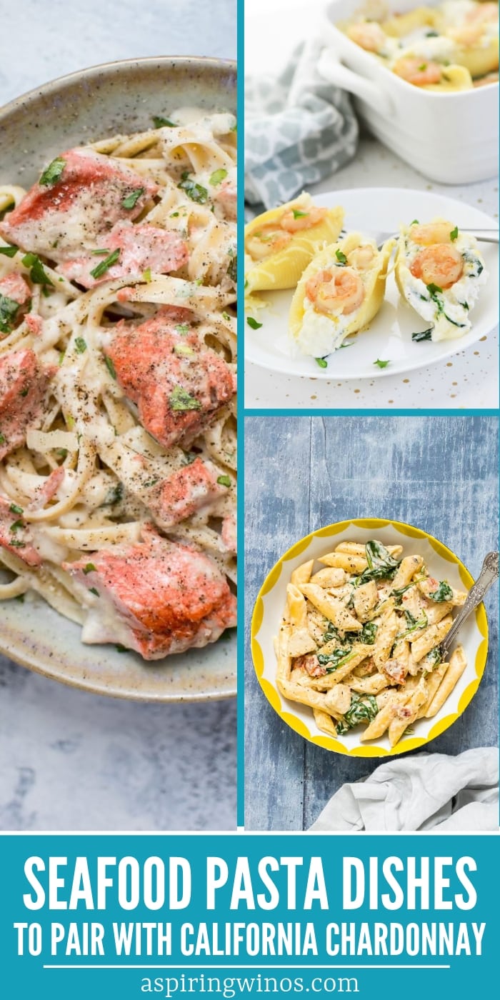 Try one of these wonderful cream pasta & rich seafood dishes to pair with California Chardonnay, creamy, buttery and delicious! | Perfect main dishes and appetizers for the next time you're pairing wine with dinner and want to serve up a #chardonnay, or are just looking for some #seafood recipes that will wow your guests. #winetasting #winepairing #entrees #pasta 