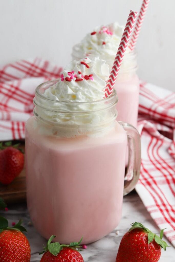 front view of boozy pink strawberry hot chocolate 