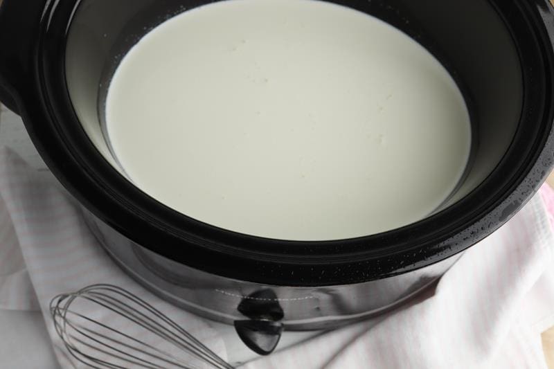 slow cooker with heavy cream and milk in it 