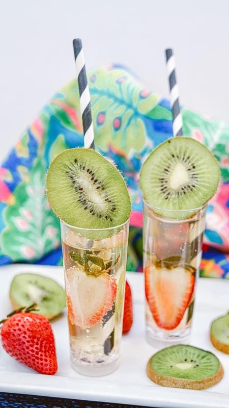 close up of finished strawberry kiwi shooters 