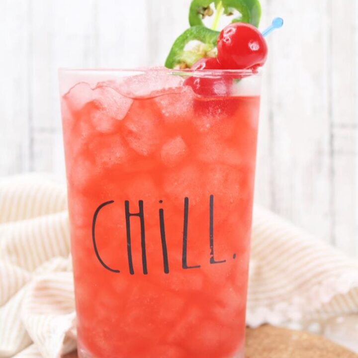 Tennessee Heat Cocktail, red drink in a clear glass that says CHILL on it