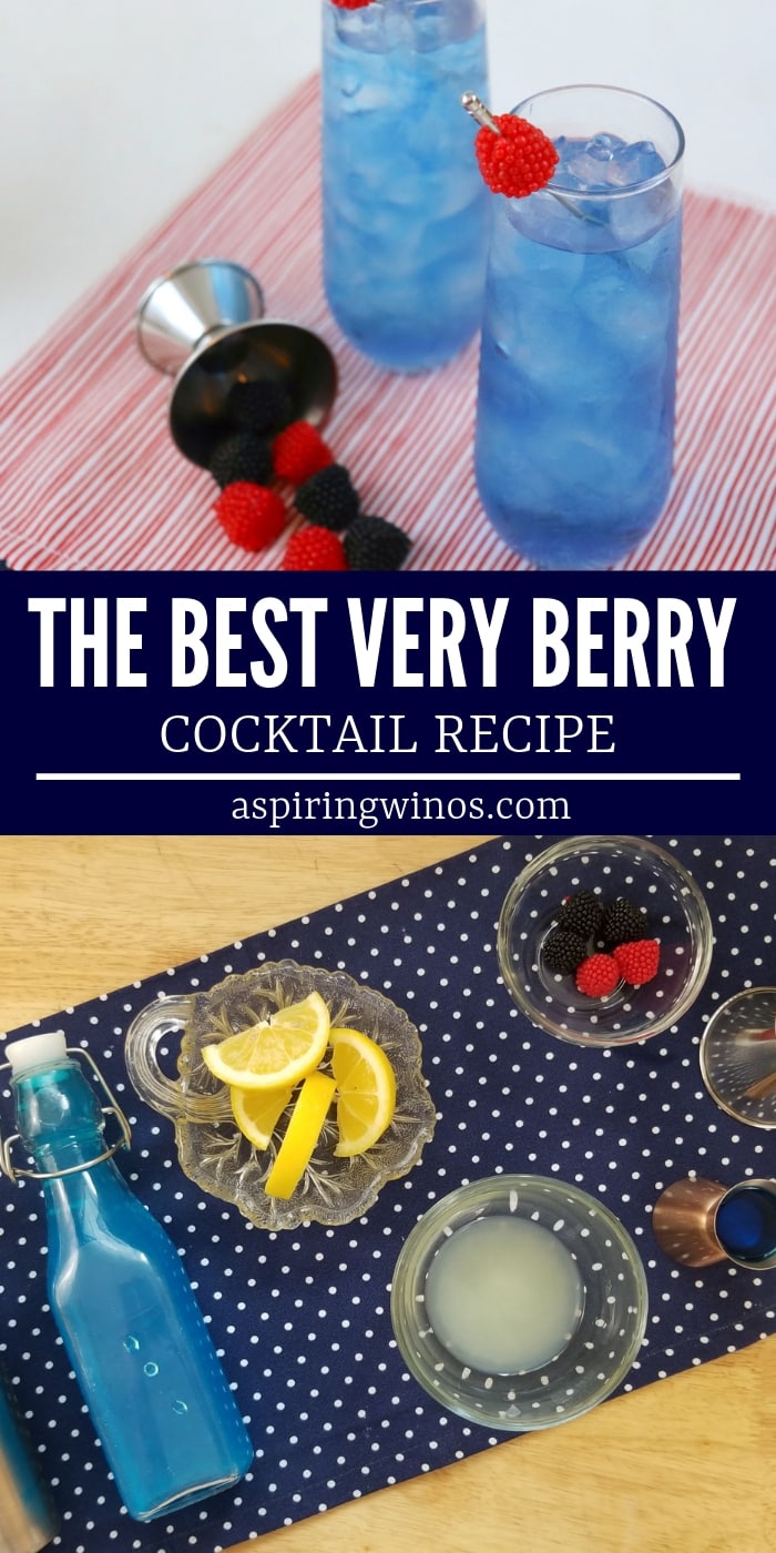 The best Very Berry Cocktail Recipe, here to add some fresh summer berry ideas to your table... and your glass! This is also a gorgeous blue cocktail, perfect for making a signature cocktail for a wedding, or as an adult beverage for a gender reveal party. #berries #mixeddrinks #cocktails #weddingideas #genderreveal
