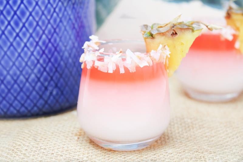 Tropical Pina Colada Shot drink in clear glass with toasted coconut around rim with pineapple wedge 