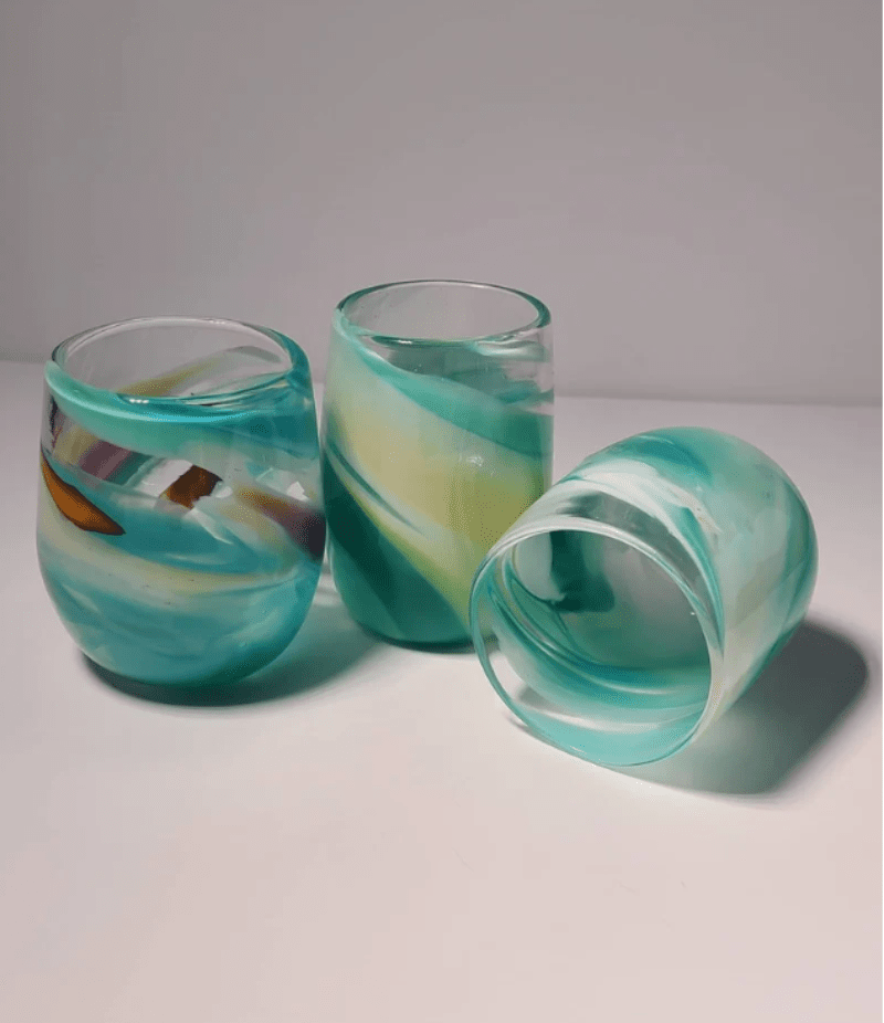 handblown stemless wine glasses blue color 