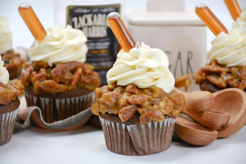 close up of finished whisky pecan cupcakes