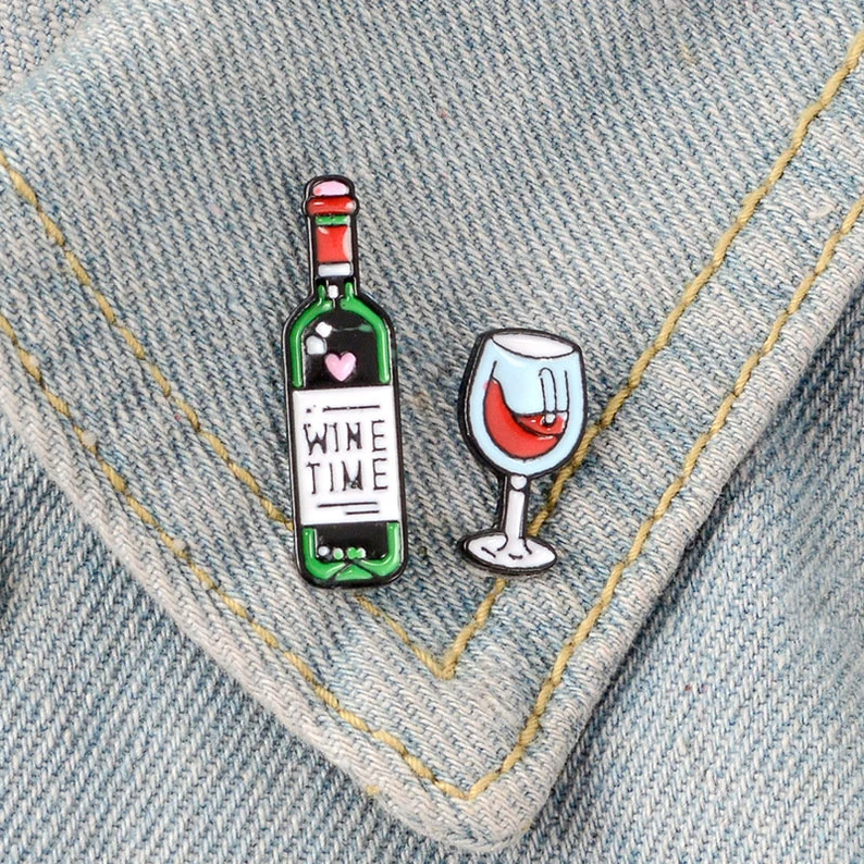 Win enemal pin set, wine bottle that says wine time and red wine glass