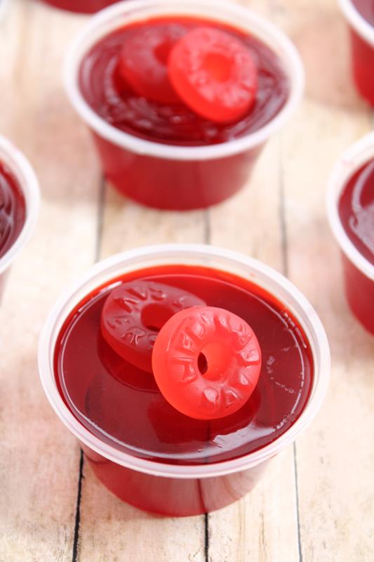 Above view of two jello shots. 