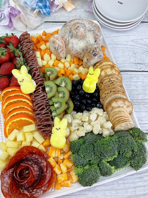 Bunny Butt Cheeseball Recipe & Charcuterie Board: completed board with meats, fruit, vegetables, and cheese. 