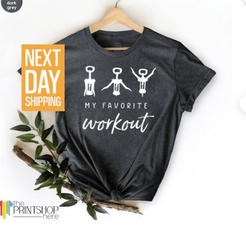 dark grey tshirt with white writing that says my favorite workout and shows a corkscrew moving 