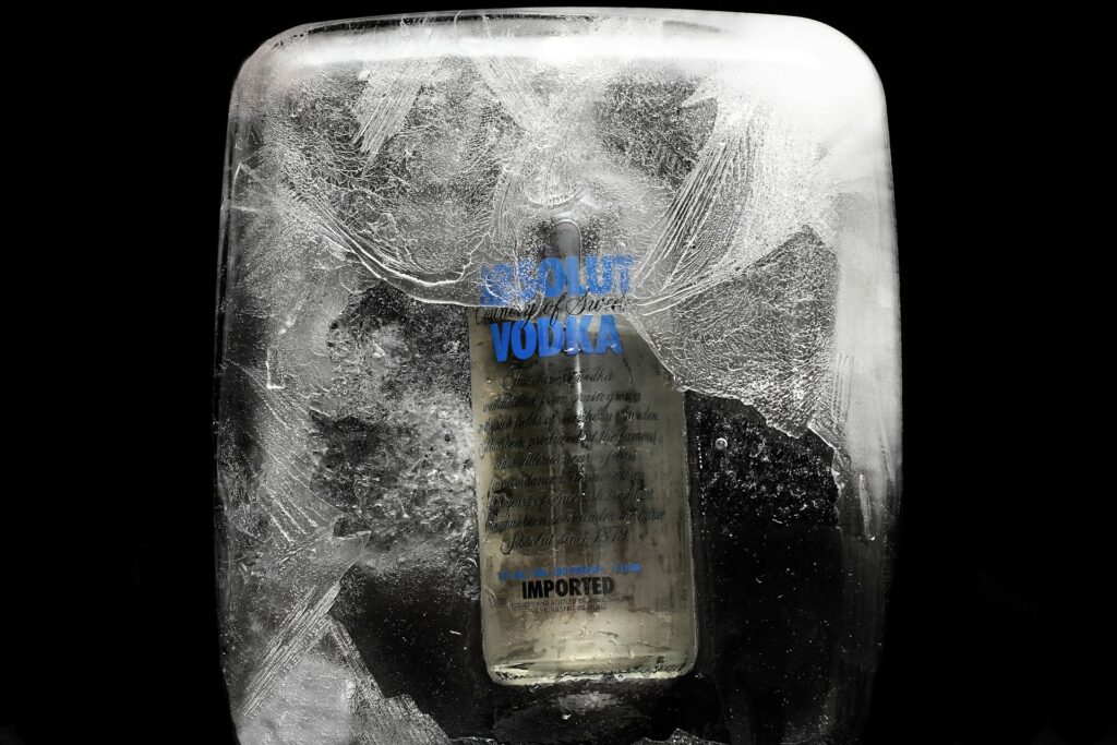 Absolute Vodka bottle in ice