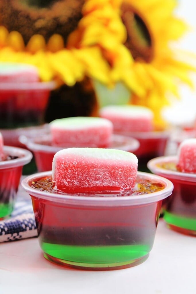 close up of jello shot showing green layer, red layer, and candy on top. 
