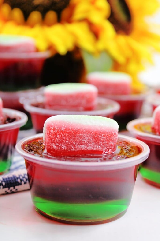 completed watermelon jello shot with sour candy on top. 