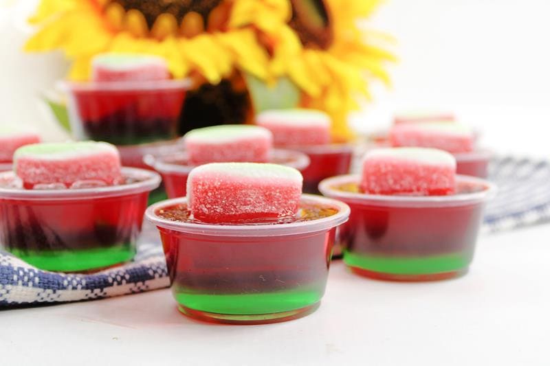 Completed Watermelon jello shots, showing green layer on button, red layer on top and a sour watermelon sugar coated candy on top. 
