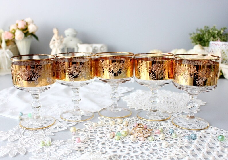 Vintage Crystal Wine Glasses - gold colour 